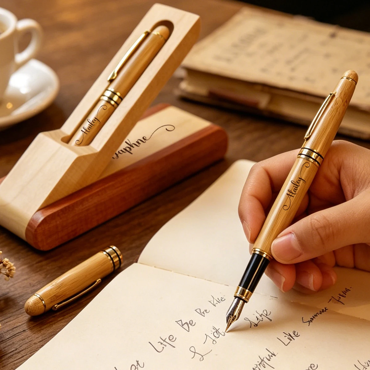 Stylo personnalisé avec support en bois – Image 3