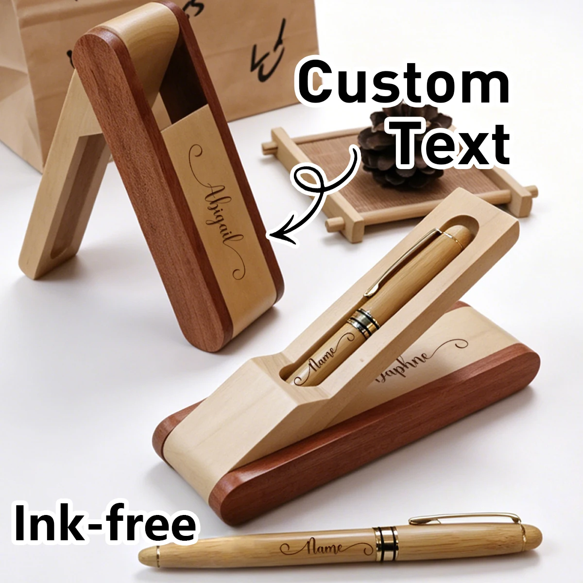 Stylo personnalisé avec support en bois